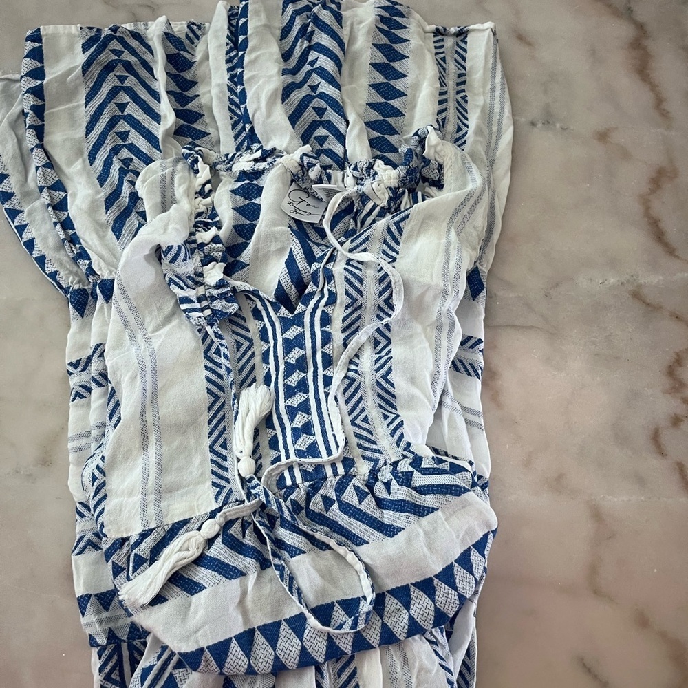 Goa Beachwear By Japna Blue White Print Tiered Maxi Dress Sz M - Picture 13 of 13